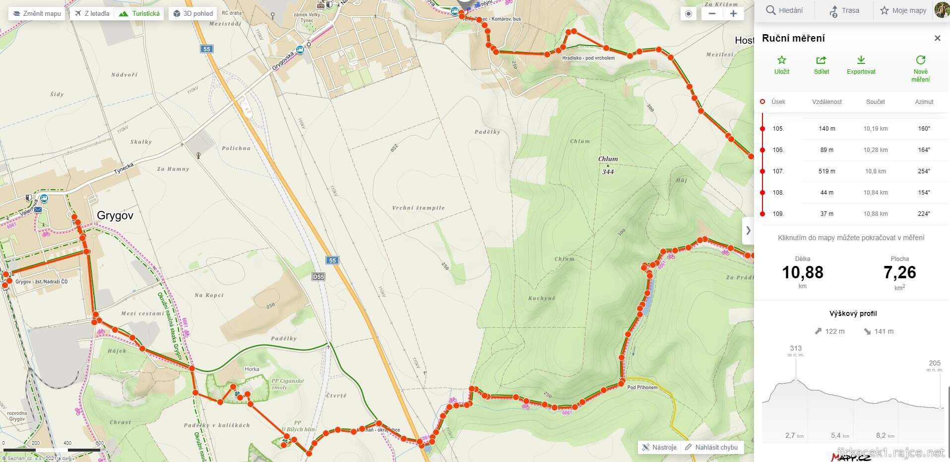 Pěšky z Velkého Týnce do Grygova - mapa